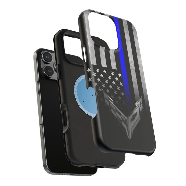 Corvette C8 Blue Lives Matter Magnetic Tough Case, iPhone Case, Impact Resistant, MagSafe, Rubber Liner, Matte or Glossy, Cell Phone Case