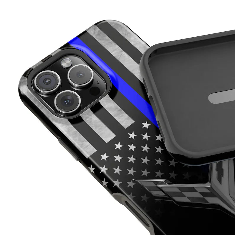 Corvette C8 Blue Lives Matter Magnetic Tough Case, iPhone Case, Impact Resistant, MagSafe, Rubber Liner, Matte or Glossy, Cell Phone Case