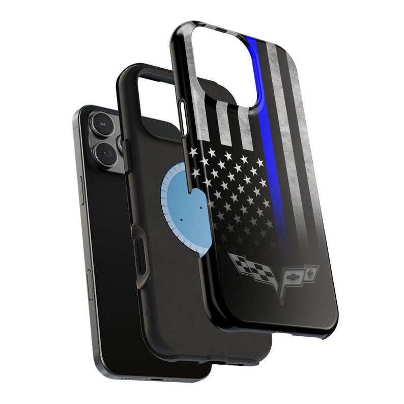 Corvette C6 Blue Lives Matter Magnetic Tough Case, iPhone Case, Impact Resistant, MagSafe, Rubber Liner, Matte or Glossy, Cell Phone Case