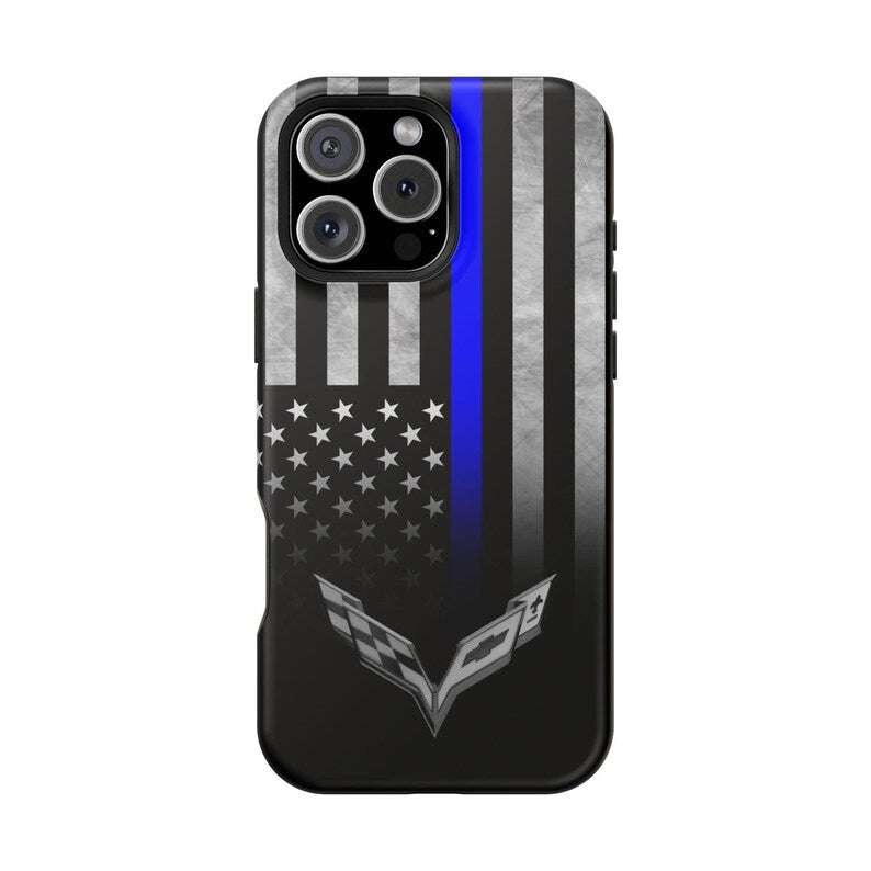 Corvette C7 Blue Lives Matter Magnetic Tough Case, iPhone Case, Impact Resistant, MagSafe, Rubber Liner, Matte or Glossy, Cell Phone Case