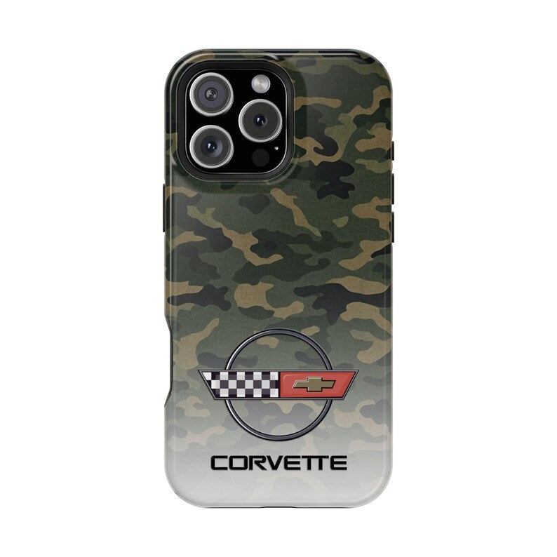 Corvette C4 Camo Magnetic Tough Case, iPhone Case, Impact Resistant, MagSafe, Rubber Liner, Matte or Glossy, Cell Phone Case