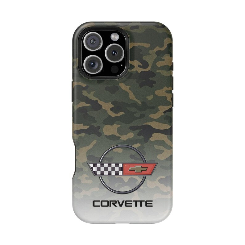 Corvette C4 Camo Magnetic Tough Case, iPhone Case, Impact Resistant, MagSafe, Rubber Liner, Matte or Glossy, Cell Phone Case