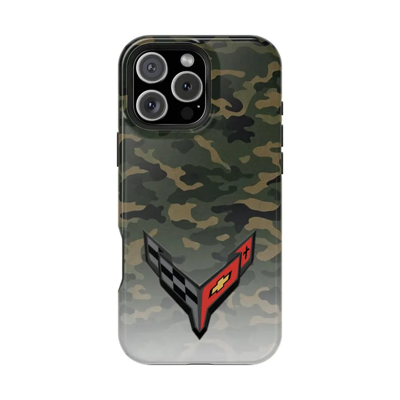 Corvette C8 Camo Magnetic Tough Case, iPhone Case, Impact Resistant, MagSafe, Rubber Liner, Matte or Glossy, Cell Phone Case