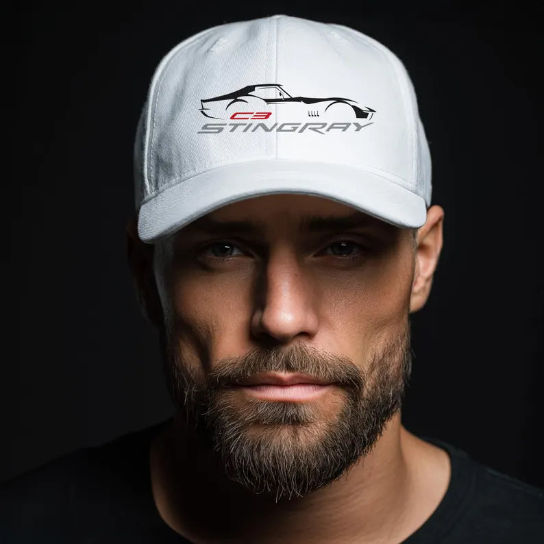 Corvette Red C3 Stingray Silhouette Baseball Cap, Flexfit Hat, Stretchy Band, Black Hat, Corvette Gear, Embroidery