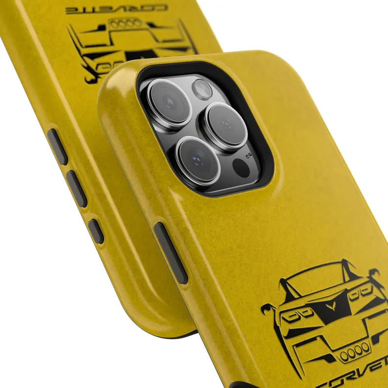 Corvette C7 Custom Illustrated Magnetic Tough Case, iPhone Case, Impact Resistant, MagSafe, Rubber Liner, Matte or Glossy, Cell Phone Case