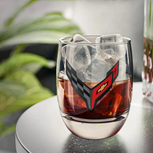 Corvette Whiskey Glass, C8 Logo, Barware for Car Lovers, Vintage Style Drinkware, Gift for Guys, Gifts for Car Girls, Whiskey Collectors