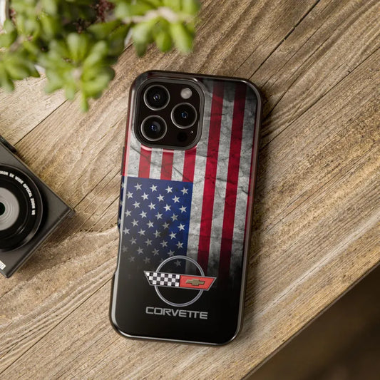 Corvette C4 Magnetic Tough Case, USA Flag, American Flag, iPhone Case, Impact Resistant, MagSafe, Rubber Liner, Matte or Glossy, Cell Case
