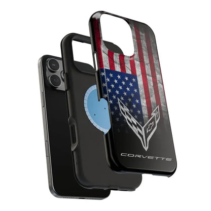 Corvette C8 Magnetic Tough Case, USA Flag, American Flag, iPhone Case, Impact Resistant, MagSafe, Rubber Liner, Matte or Glossy, Cell Case