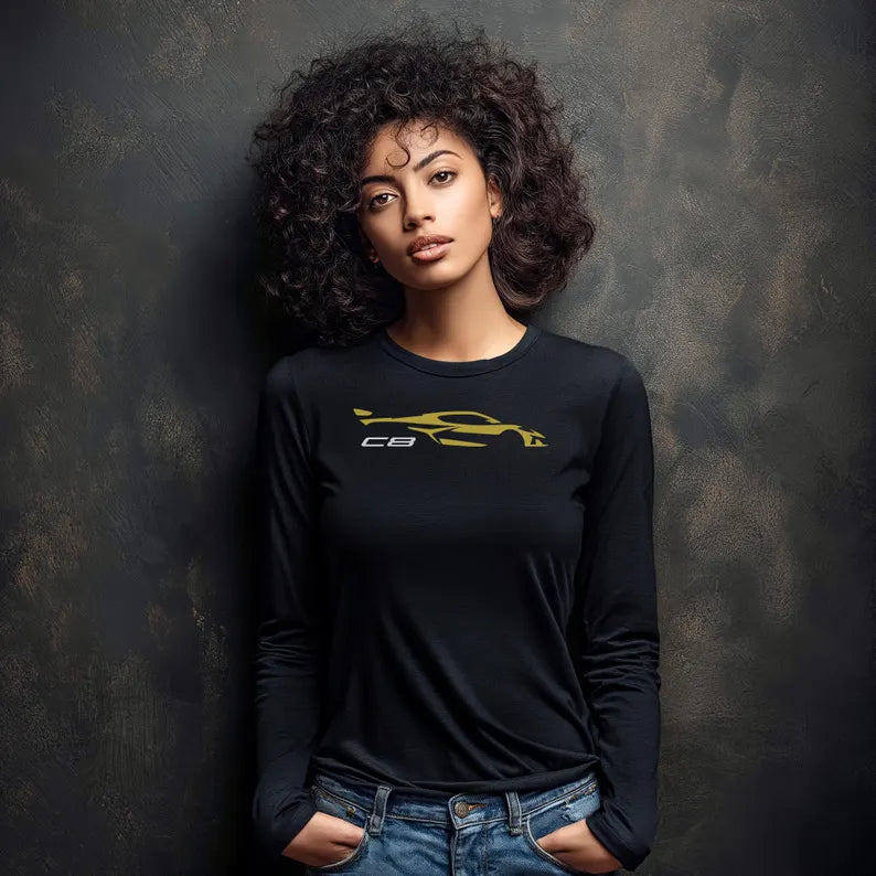 Unisex Corvette Yellow C8 Long Sleeve Tee, Custom Silhouette, Graphic T-Shirt, Gift for Him, Gift for Her, Bella+Canvas, Soft Shirt