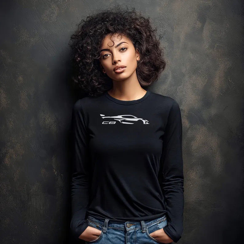 Unisex Corvette White C8 Long Sleeve Tee, Custom Silhouette, Graphic T-Shirt, Gift for Him, Gift for Her, Bella+Canvas, Soft Shirt