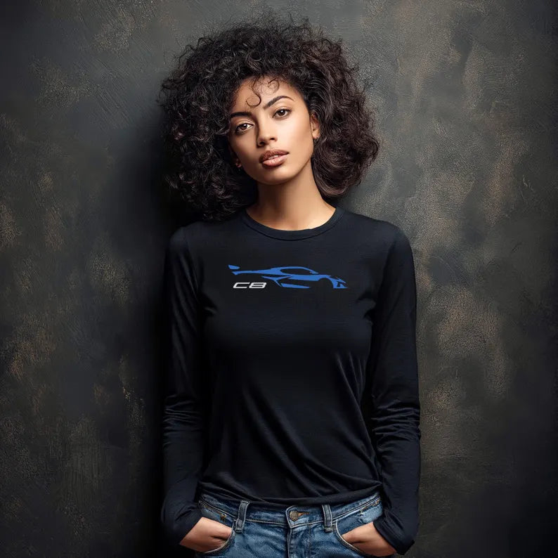 Unisex Corvette Blue C8 Long Sleeve Tee, Custom Silhouette, Graphic T-Shirt, Gift for Him, Gift for Her, Bella+Canvas, Soft Shirt