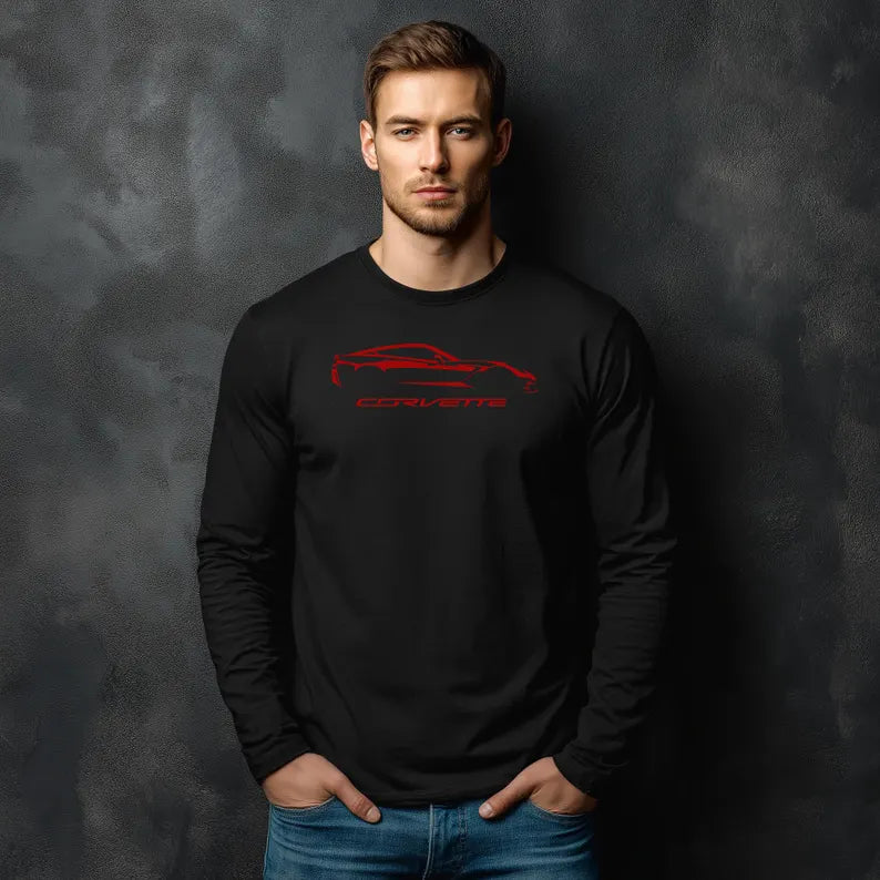 Unisex Corvette Red C7 Long Sleeve Tee, Custom Silhouette, Graphic T-Shirt, Gift for Him, Gift for Her, Bella+Canvas, Soft Shirt