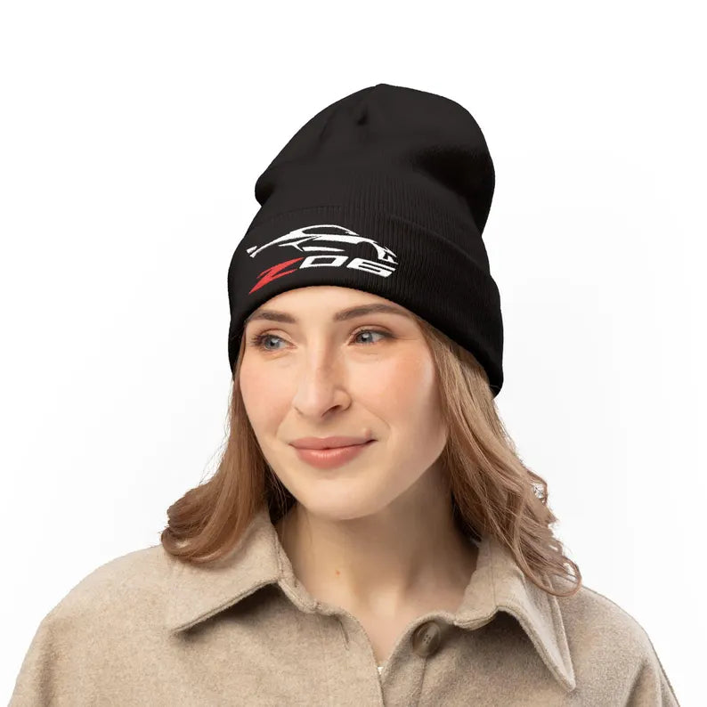 Corvette Z06 Embroidery Winter Beanie, Knitted Hat, Cozy Cap, Outdoor Accessory, Unisex, Gift for Him, Gift for Her