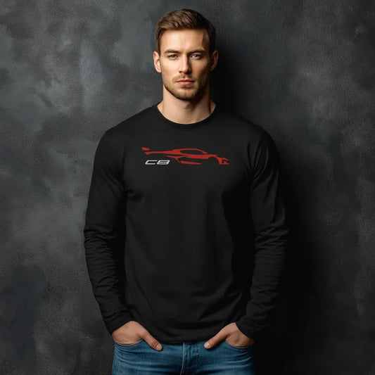 Unisex Corvette Red C8 Long Sleeve Tee, Custom Silhouette, Graphic T-Shirt, Gift for Him, Gift for Her, Bella+Canvas, Soft Shirt