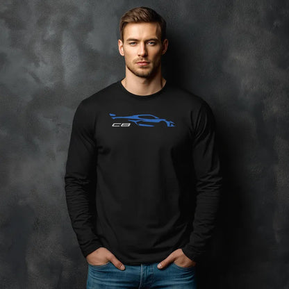 Unisex Corvette Blue C8 Long Sleeve Tee, Custom Silhouette, Graphic T-Shirt, Gift for Him, Gift for Her, Bella+Canvas, Soft Shirt