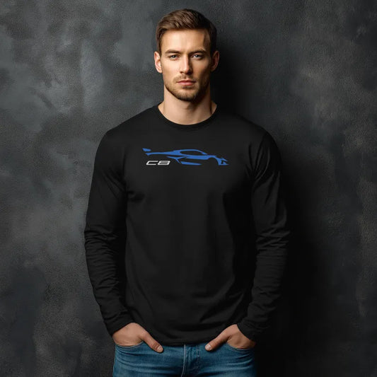 Unisex Corvette Blue C8 Long Sleeve Tee, Custom Silhouette, Graphic T-Shirt, Gift for Him, Gift for Her, Bella+Canvas, Soft Shirt