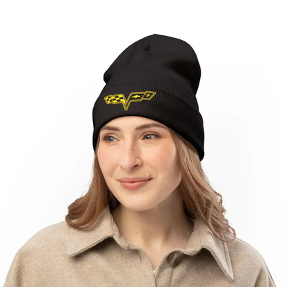 Corvette Yellow C6 Embroidery Winter Beanie, Knitted Hat, Cozy Cap, Outdoor Accessory, Unisex, Gift for Him, Gift for Her