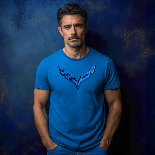 Corvette C7 Emblem Color on Color Graphic T-Shirt Blue