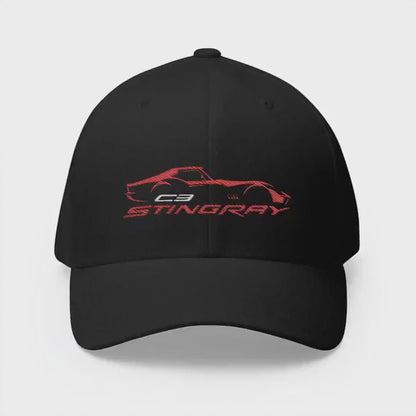 Corvette Red C3 Stingray Silhouette Baseball Cap, Flexfit Hat, Stretchy Band, Black Hat, Corvette Gear, Embroidery