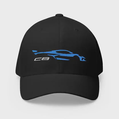 Corvette Blue C8 Silhouette Baseball Cap, Flexfit Hat, Stretchy Band, Black Hat, Corvette Gear, Embroidery