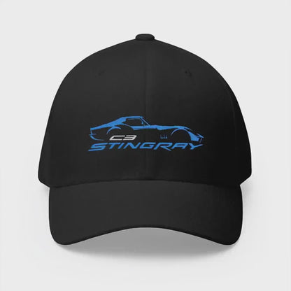 Corvette Blue C3 Stingray Silhouette Baseball Cap, Flexfit Hat, Stretchy Band, Black Hat, Corvette Gear, Embroidery