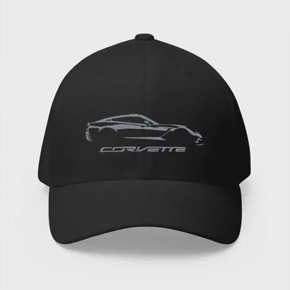 Corvette C7 Custom Silhouette Baseball Cap, Flexfit Hat, Stretchy Band, Black Hat, Corvette Gear, Embroidery