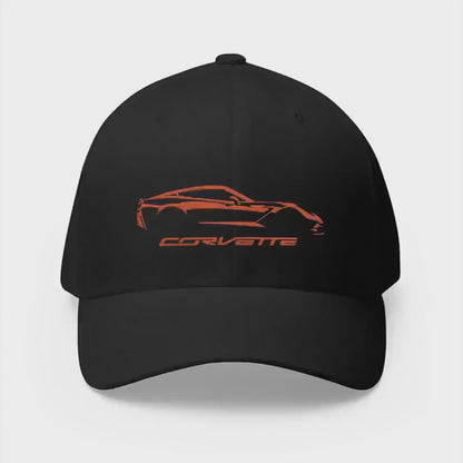 Corvette C7 Custom Silhouette Baseball Cap, Flexfit Hat, Stretchy Band, Black Hat, Corvette Gear, Embroidery