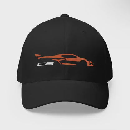 Corvette Orange C8 Silhouette Baseball Cap, Flexfit Hat, Stretchy Band, Black Hat, Corvette Gear, Embroidery