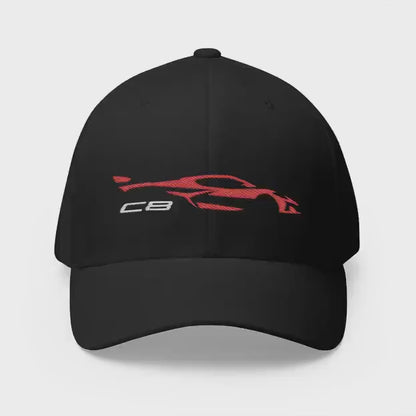Corvette Red C8 Silhouette Baseball Cap, Flexfit Hat, Stretchy Band, Black Hat, Corvette Gear, Embroidery