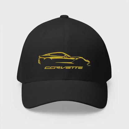 Corvette C7 Custom Silhouette Baseball Cap, Flexfit Hat, Stretchy Band, Black Hat, Corvette Gear, Embroidery