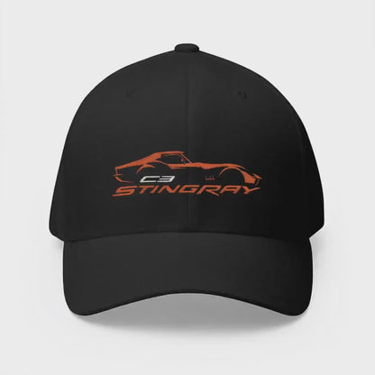 Corvette Orange C3 Stingray Silhouette Baseball Cap, Flexfit Hat, Stretchy Band, Black Hat, Corvette Gear, Embroidery