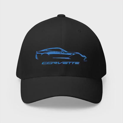 Corvette C7 Custom Silhouette Baseball Cap, Flexfit Hat, Stretchy Band, Black Hat, Corvette Gear, Embroidery
