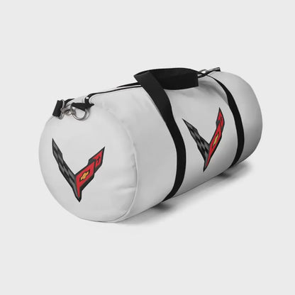 White Corvette Duffel Bag, C8 Logo, Gym Bag, Travel Bag, Gifts for Car Guys, Gifts for Car Girls, Corvette Merch, Overnight Duffel