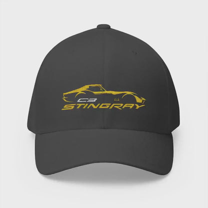 Corvette Silver C3 Stingray Silhouette Baseball Cap, Flexfit Hat, Stretchy Band, Black Hat, Corvette Gear, Embroidery