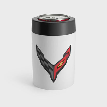 Corvette C8 White Can Coozie for Fans, Beer and Soda Holder, Drink Insulator, Gift for Car Enthusiasts, Racing Events, Tailgating, C8 Logo