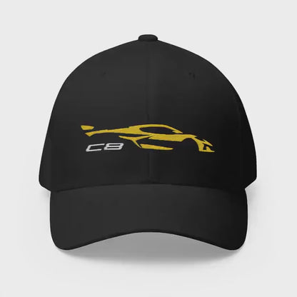 Corvette Yellow C8 Silhouette Baseball Cap, Flexfit Hat, Stretchy Band, Black Hat, Corvette Gear, Embroidery
