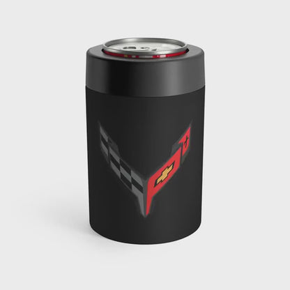 Corvette C8 Black Can Coozie for Fans, Beer and Soda Holder, Drink Insulator, Gift for Car Enthusiasts, Racing Events, Tailgating, C8 Logo