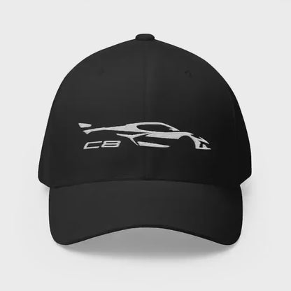 Corvette White C8 Silhouette Baseball Cap, Flexfit Hat, Stretchy Band, Black Hat, Corvette Gear, Embroidery