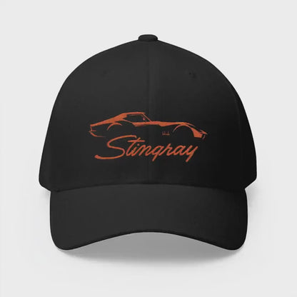 Corvette C3 Stingray Custom Silhouette Baseball Cap, Orange Graphic, Flexfit® Hat, Stretchy Band, Black Hat, Corvette Gear, Embroidery