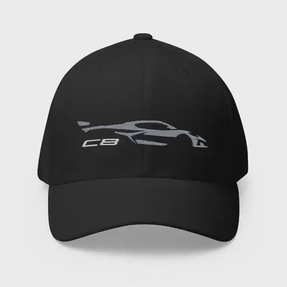 Corvette Grey C8 Silhouette Baseball Cap, Flexfit Hat, Stretchy Band, Black Hat, Corvette Gear, Embroidery