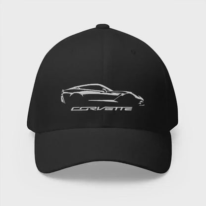 Corvette C7 Custom Silhouette Baseball Cap, Flexfit Hat, Stretchy Band, Black Hat, Corvette Gear, Embroidery