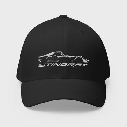 Corvette White C3 Stingray Silhouette Baseball Cap, Flexfit Hat, Stretchy Band, Black Hat, Corvette Gear, Embroidery